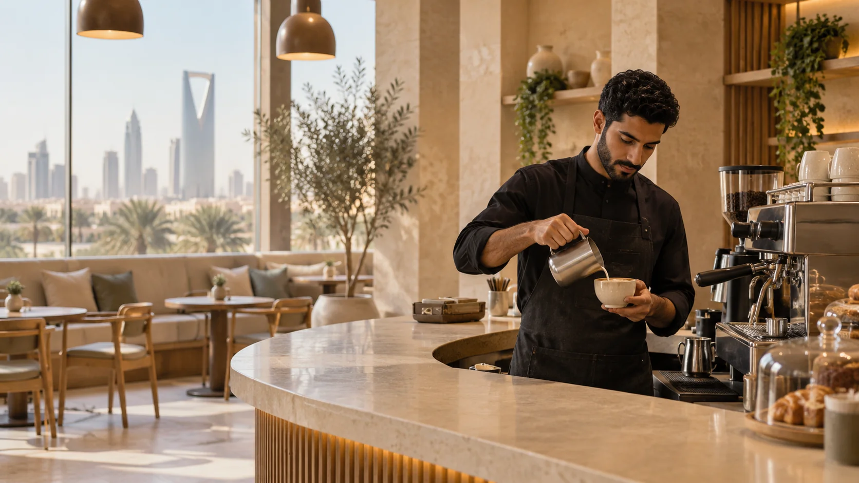 Illustrative barista pouring milk into a coffee cup at an unbranded Riyadh-inspired cafe counter