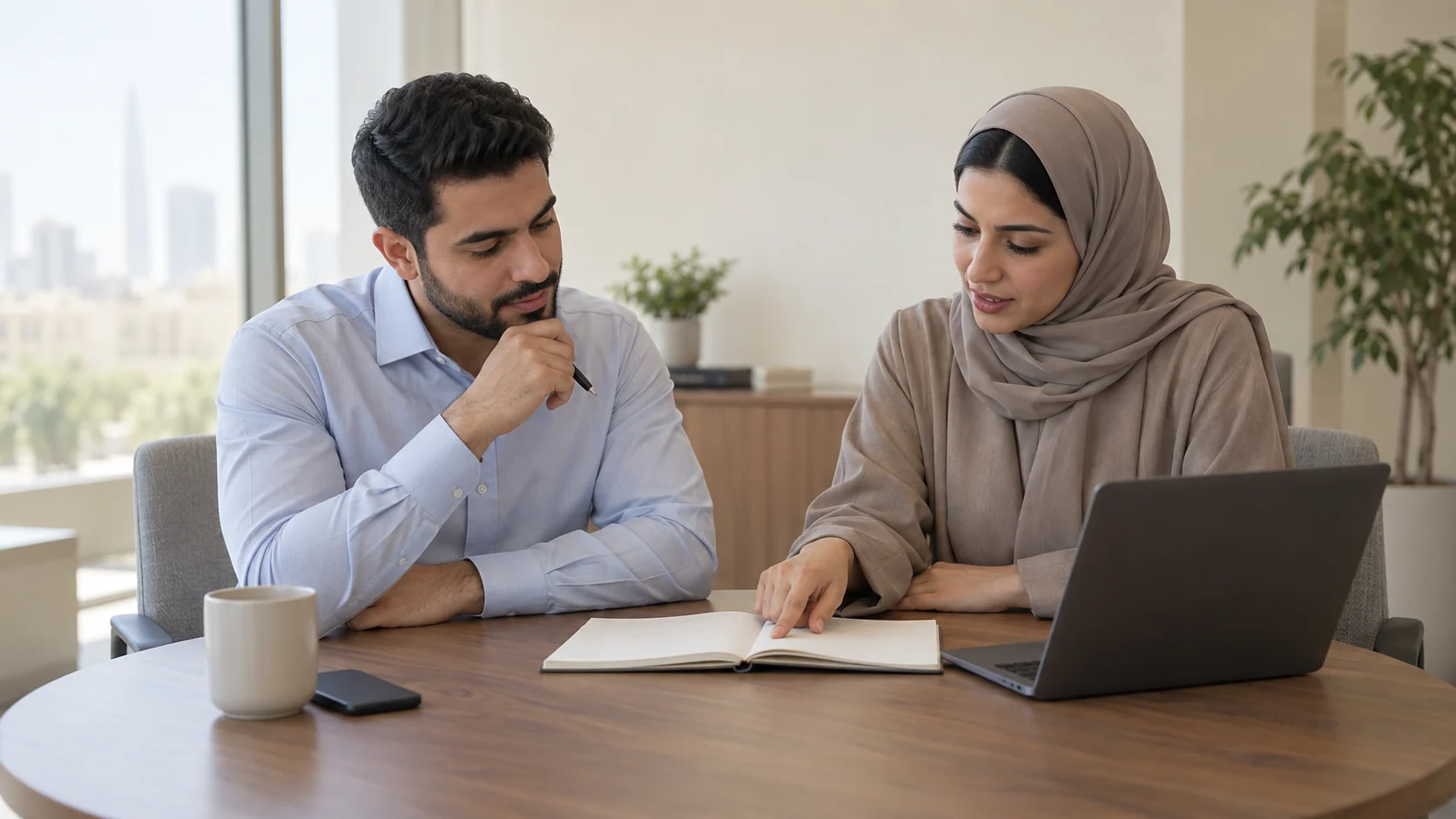 مشهد توضيحي لرجل وامرأة يراجعان دفترا مفتوحا لتخطيط العمليات على طاولة مكتبية