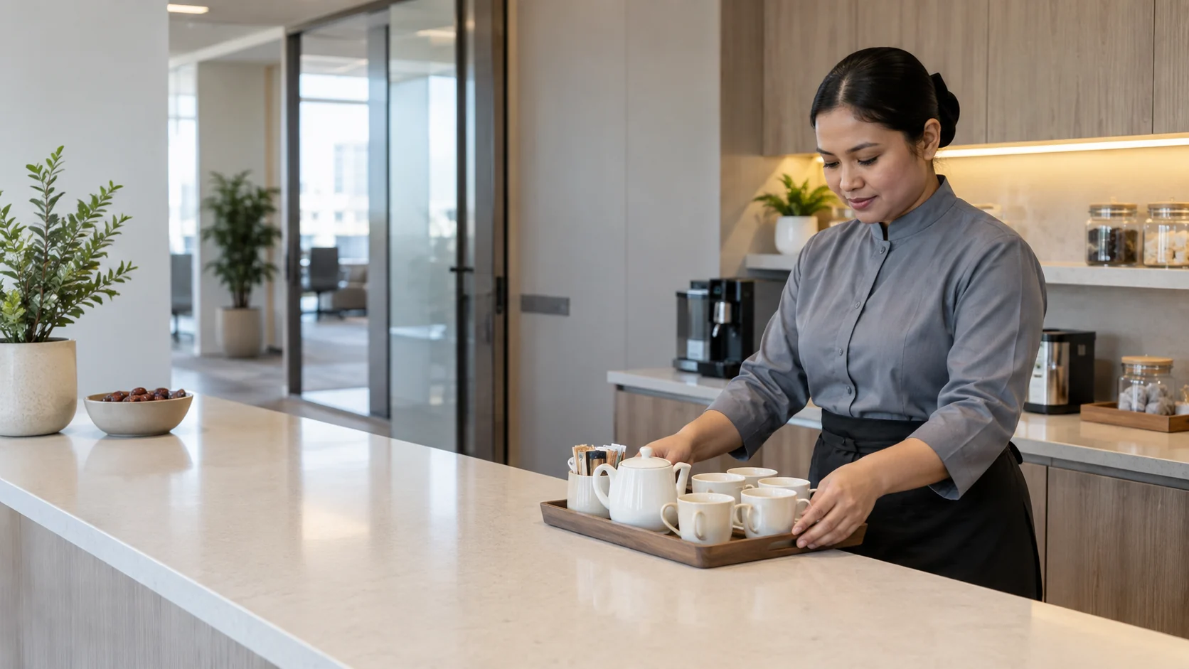 Illustrative pantry attendant arranging a tray of cups and a teapot in a Riyadh-inspired office pantry