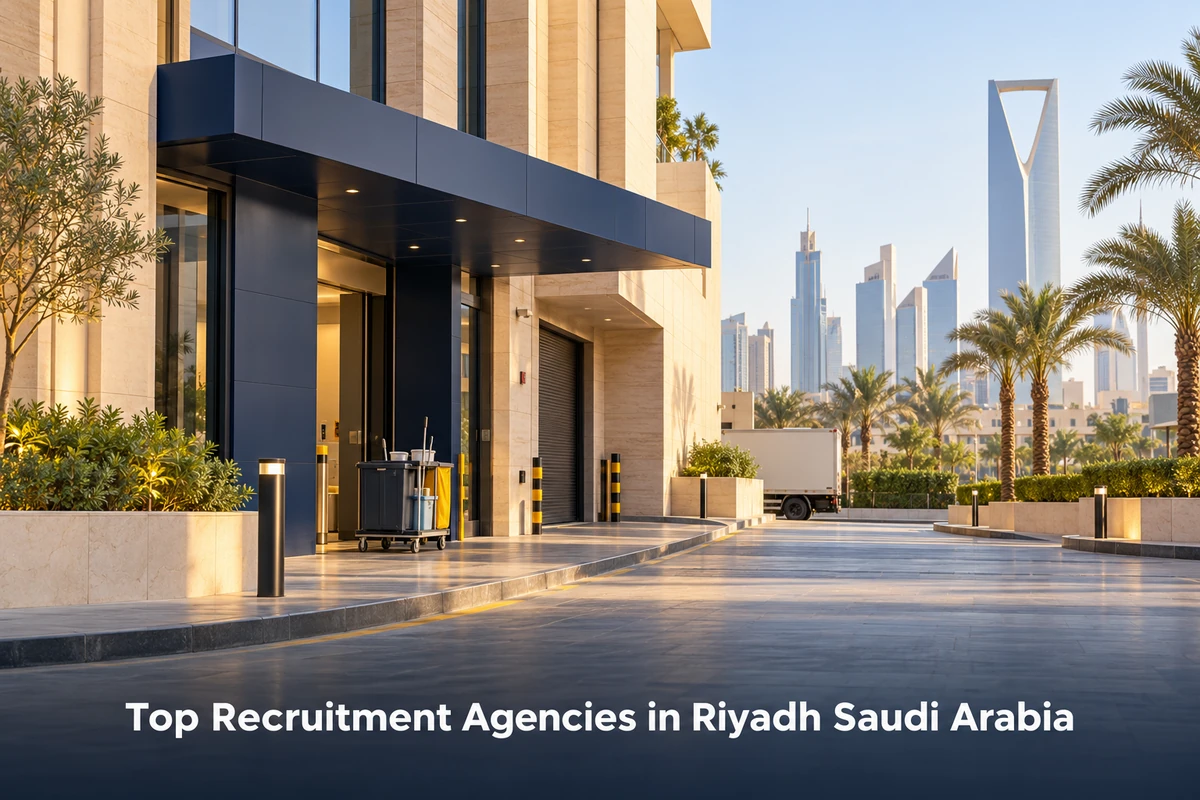 Illustrative people-free Riyadh commercial service forecourt with a navy entrance canopy, facilities trolley and city skyline.