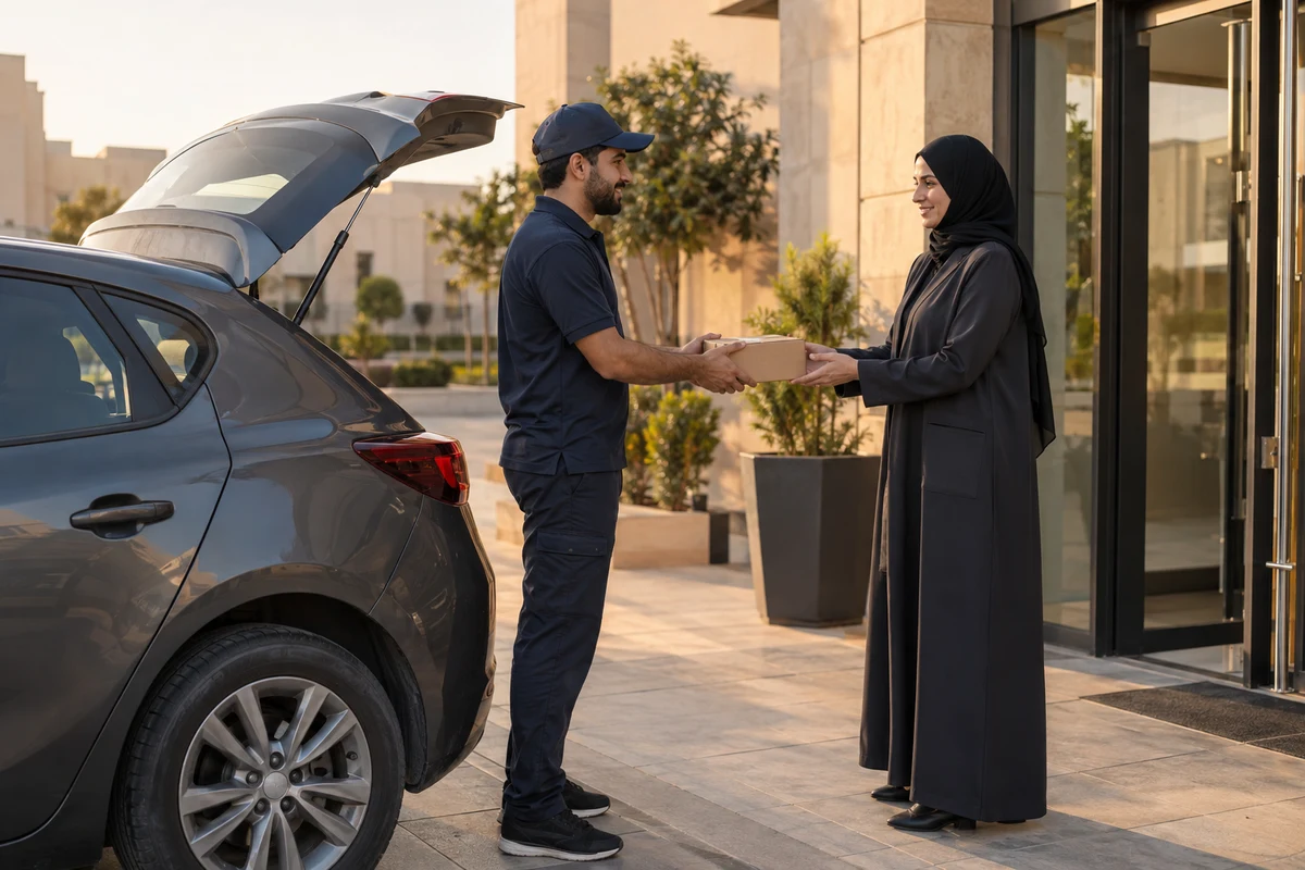 سائق توصيل يسلم طرداً إلى موظفة استقبال بجانب سيارة متوقفة أمام مدخل مبنى تجاري.