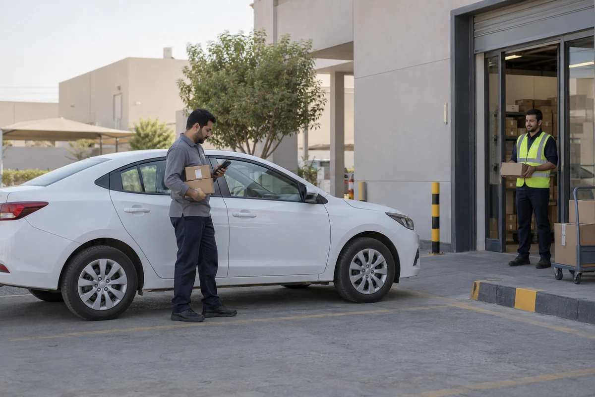 A parcel driver checking route instructions beside a parked car at a collection depot while a dispatch worker waits with an order.