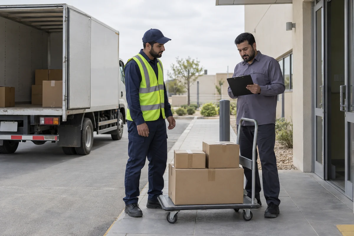 A logistics driver and receiving supervisor checking goods paperwork beside sealed cartons and a parked delivery truck.